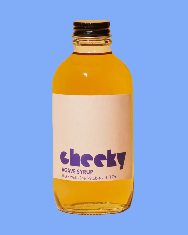 A 4 fl oz glass bottle of Cheeky Agave Syrup with a white label and purple text, filled with golden-yellow liquid, set against a solid blue background.