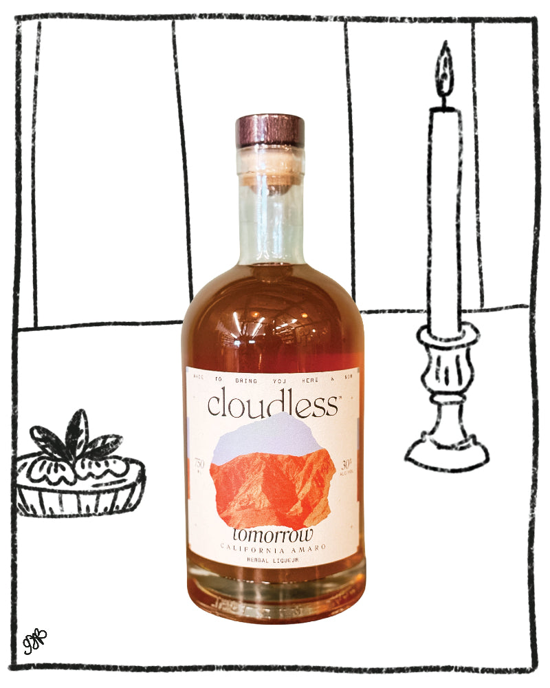 A bottle of Cloudless Tomorrow California Aromatic Spirits centered on a white background with hand-drawn black line illustrations of a candle, a small dessert, and a censored square over the upper-left portion of the label.