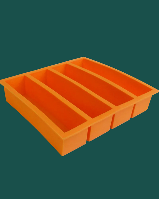 An orange silicone organizer tray with four rectangular compartments, shown on a clean white background.