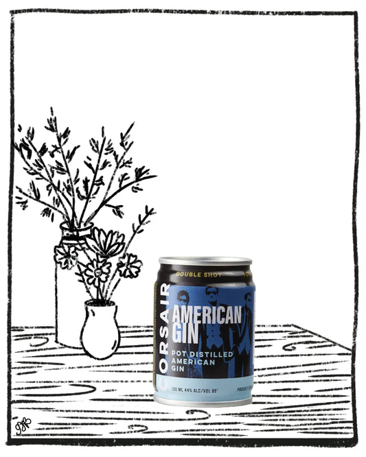 A single can of Obsair American Gin is shown on a illustrated tabletop next to a vase with flowers. The background is plain white with black line art and a hand-drawn border.