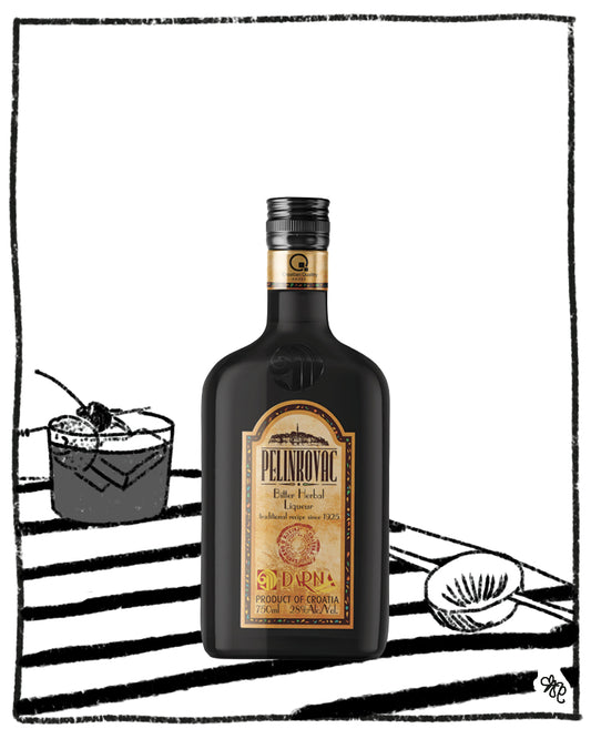 A bottle of Pelinkovic Espuma Liqueur centered on a white background, with black-and-white illustrated cocktail glasses and a lemon slice along the bottom edge.
