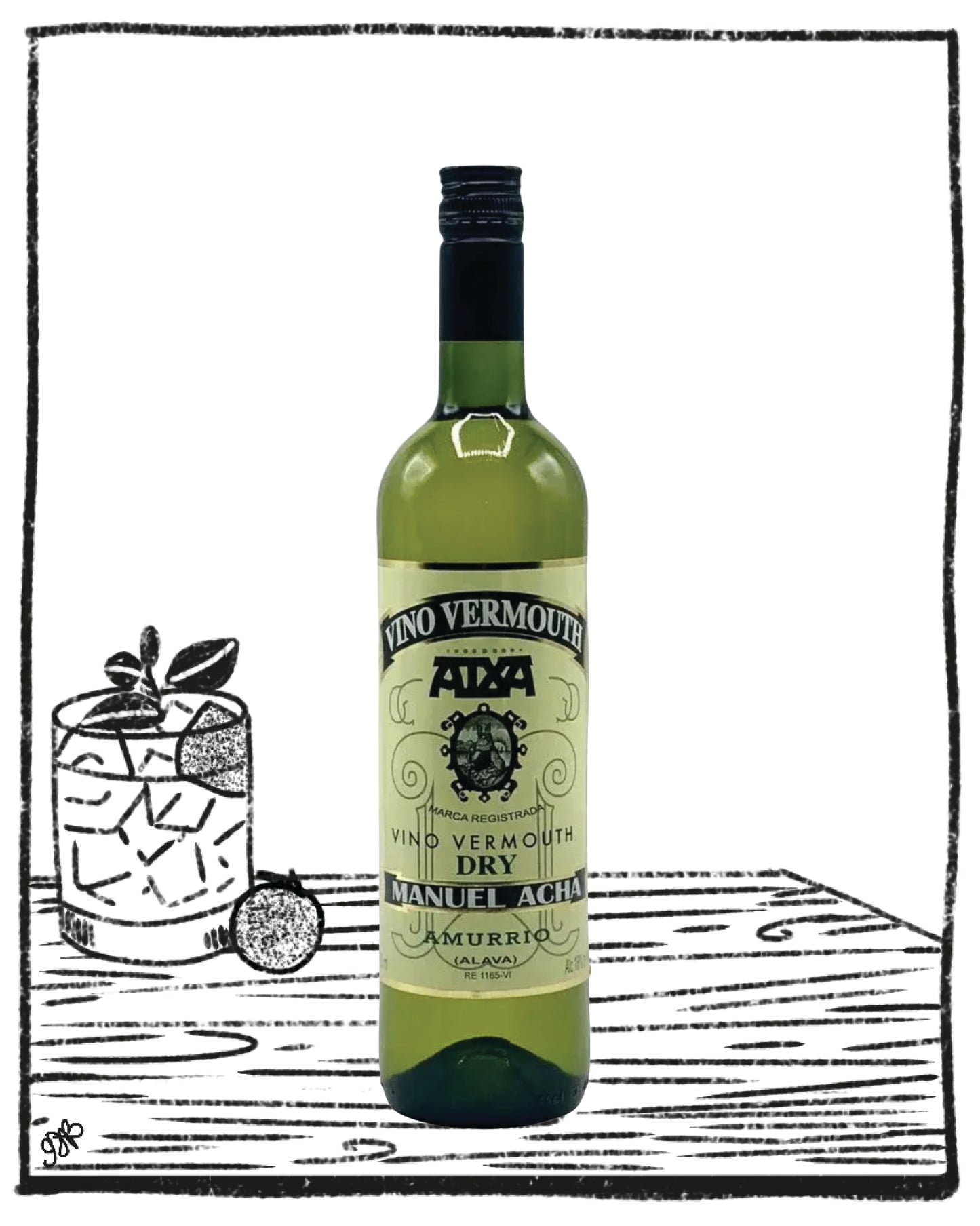 Green bottle of Manuel Acha vermouth with a black and white illustration of a glass with ice on a wooden surface.
