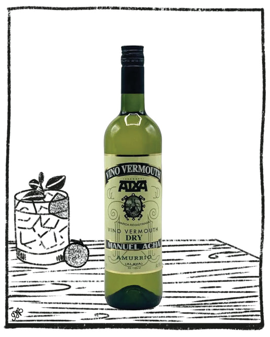 Green bottle of Manuel Acha vermouth with a black and white illustration of a glass with ice on a wooden surface.