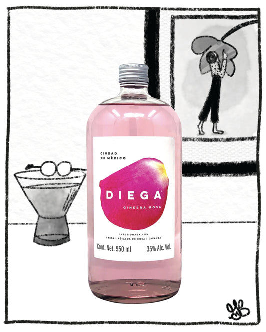 Pink bottle of Diega gin with a white label on a black and white background