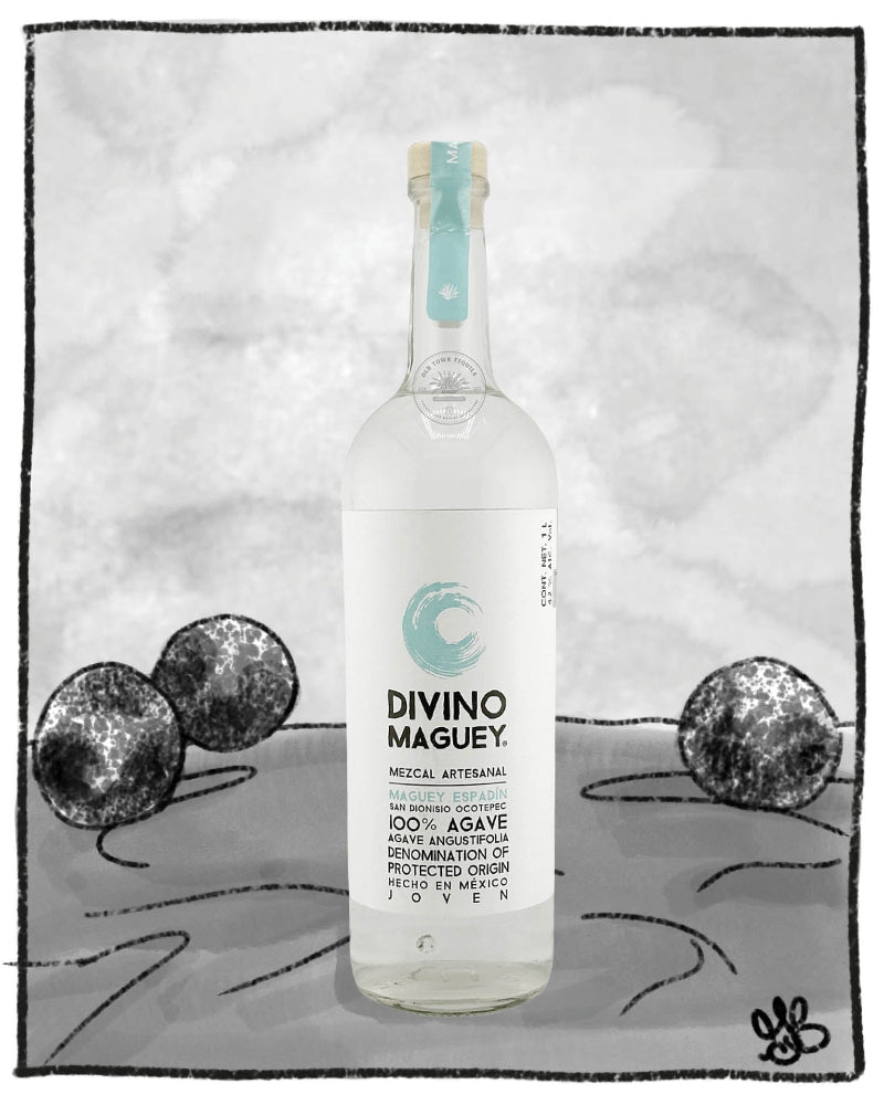 Divino Maguey bottle on a decorative towel with black and white design