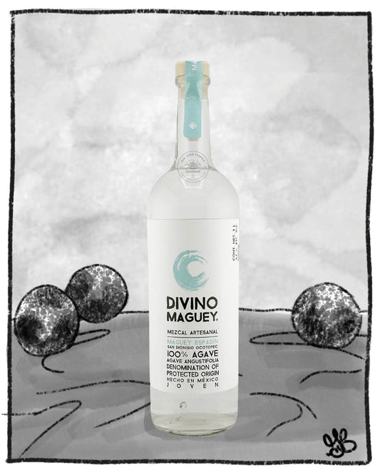 Divino Maguey bottle on a decorative towel with black and white design