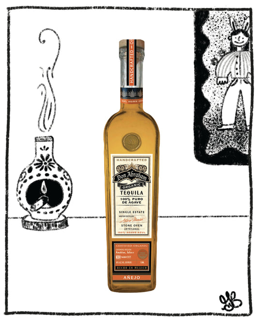 Bottle of Don Abraham Anejo tequila in front of a drawn background