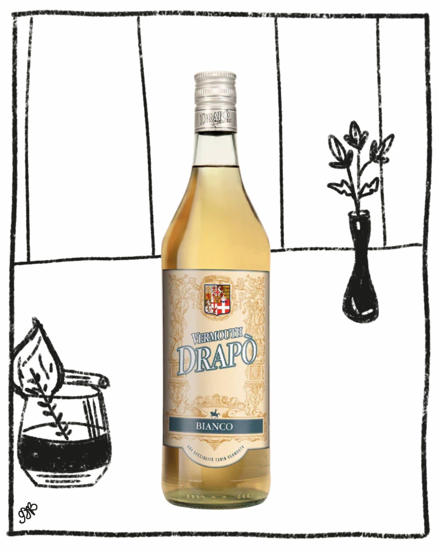 Bottle of Gruppo Drapo Bianco wine with a decorative background