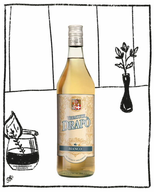Bottle of Gruppo Drapo Bianco wine with a decorative background