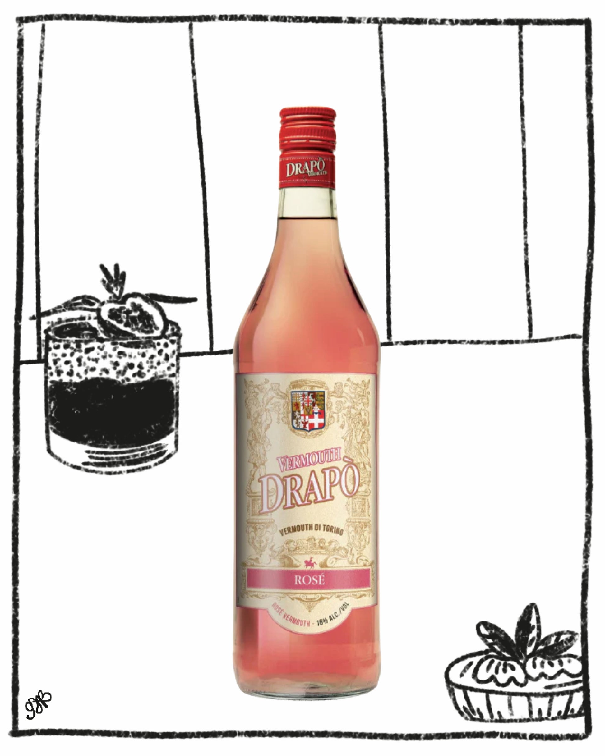 Bottle of Drapo RosÃƒÂ© wine with a glass and pomegranate illustration on a white background
