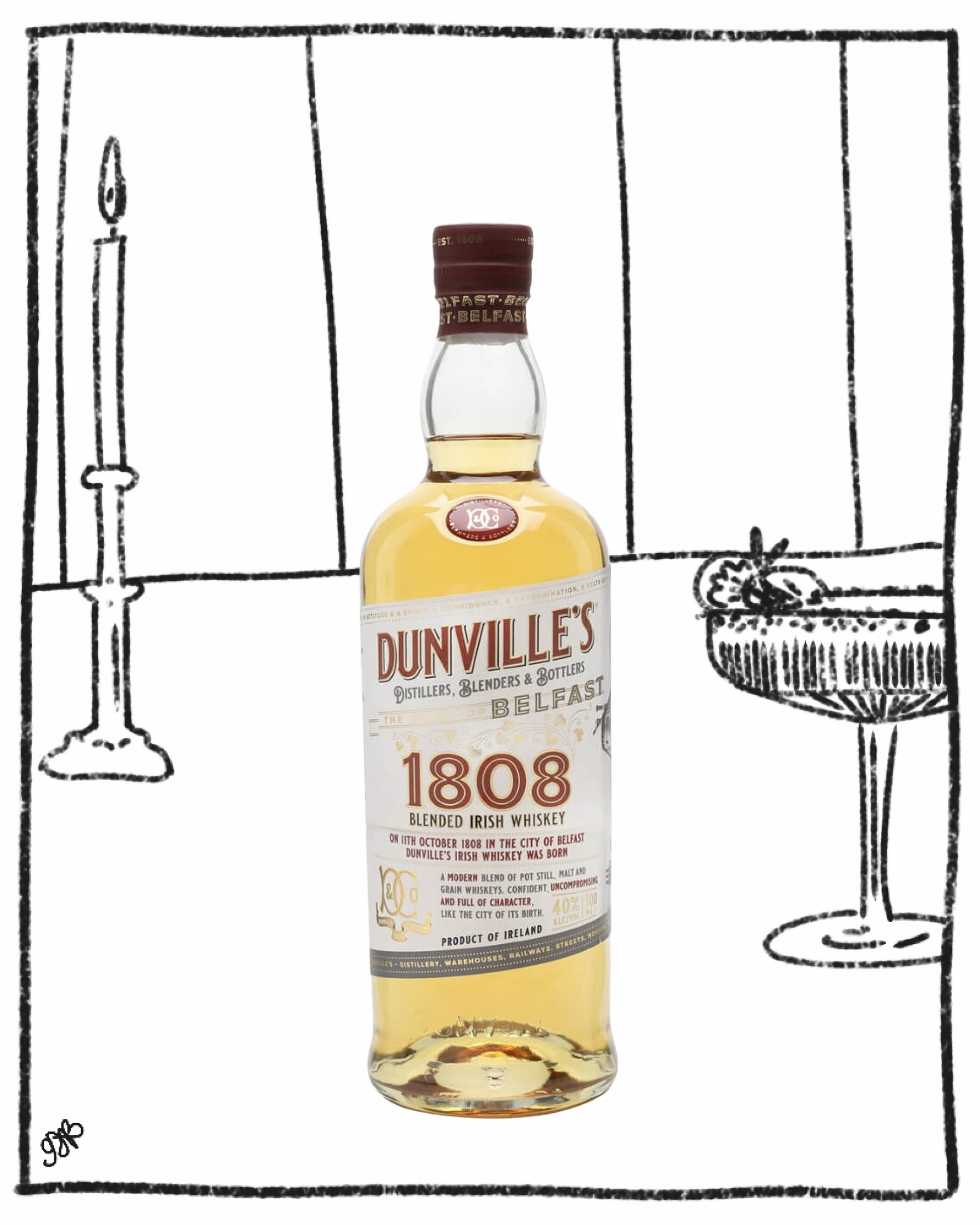 Bottle of Dunville's 1808 whiskey with a black and white illustration of a bar setting.