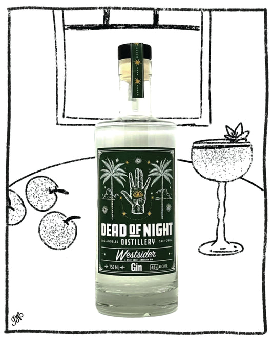 Bottle of Dead of Night Gin with a stylized drawing of a cocktail and cherries in the background.