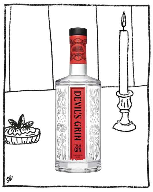 A bottle of Devil's Grain Gin centered on a white background, surrounded by hand-drawn black line illustrations of a candle, a small dessert, and a striped curtain. The bottle label and neck seal are red and black, and the bottle itself is clear glass.
