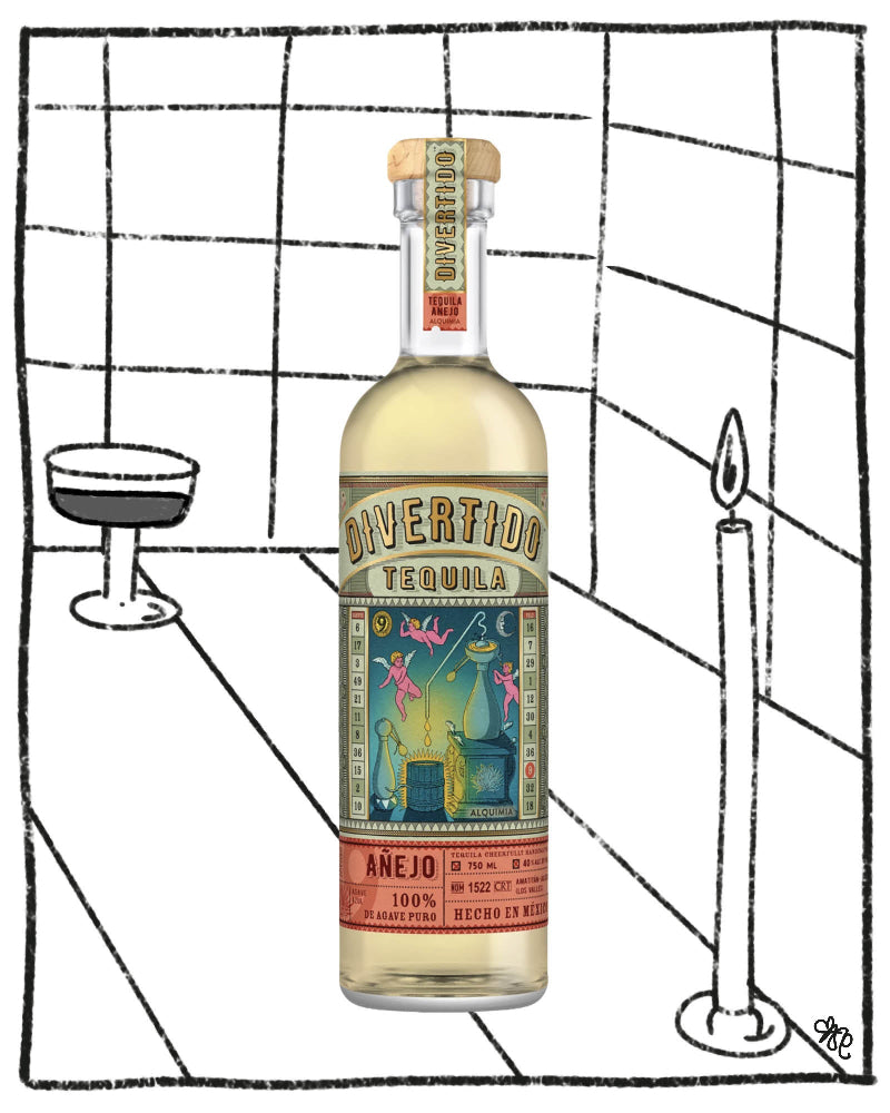 Divertido Tequila bottle on a stylized bar background with a cocktail and candle.