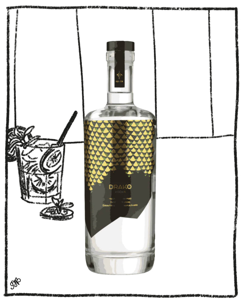 Bottle of DRAMO with a geometric label next to a black and white illustration of a cocktail.