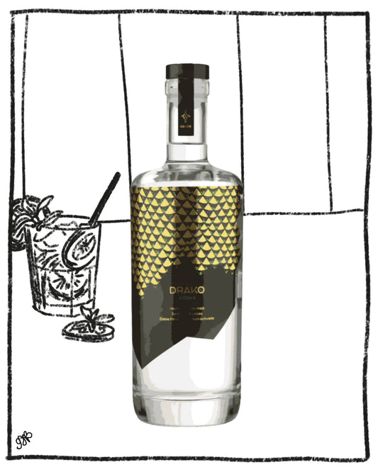 Bottle of DRAMO with a geometric label next to a black and white illustration of a cocktail.