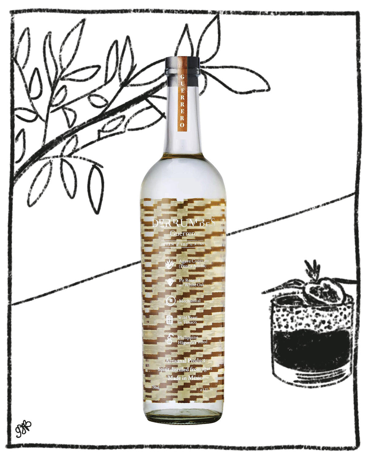 A clear glass bottle of Martini & Rossi Superiore aromatico with a distinctive brown and beige geometric patterned label, shown on a white background with black line art illustrations of leaves and a cocktail glass.