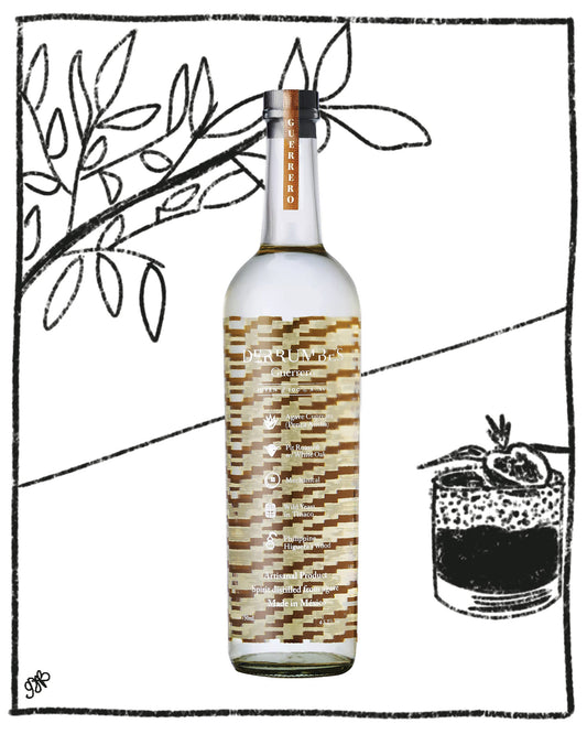 A clear glass bottle of Martini & Rossi Superiore aromatico with a distinctive brown and beige geometric patterned label, shown on a white background with black line art illustrations of leaves and a cocktail glass.