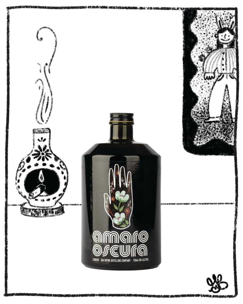 Bottle of Eda Rhyne Amaro in front of a drawn background