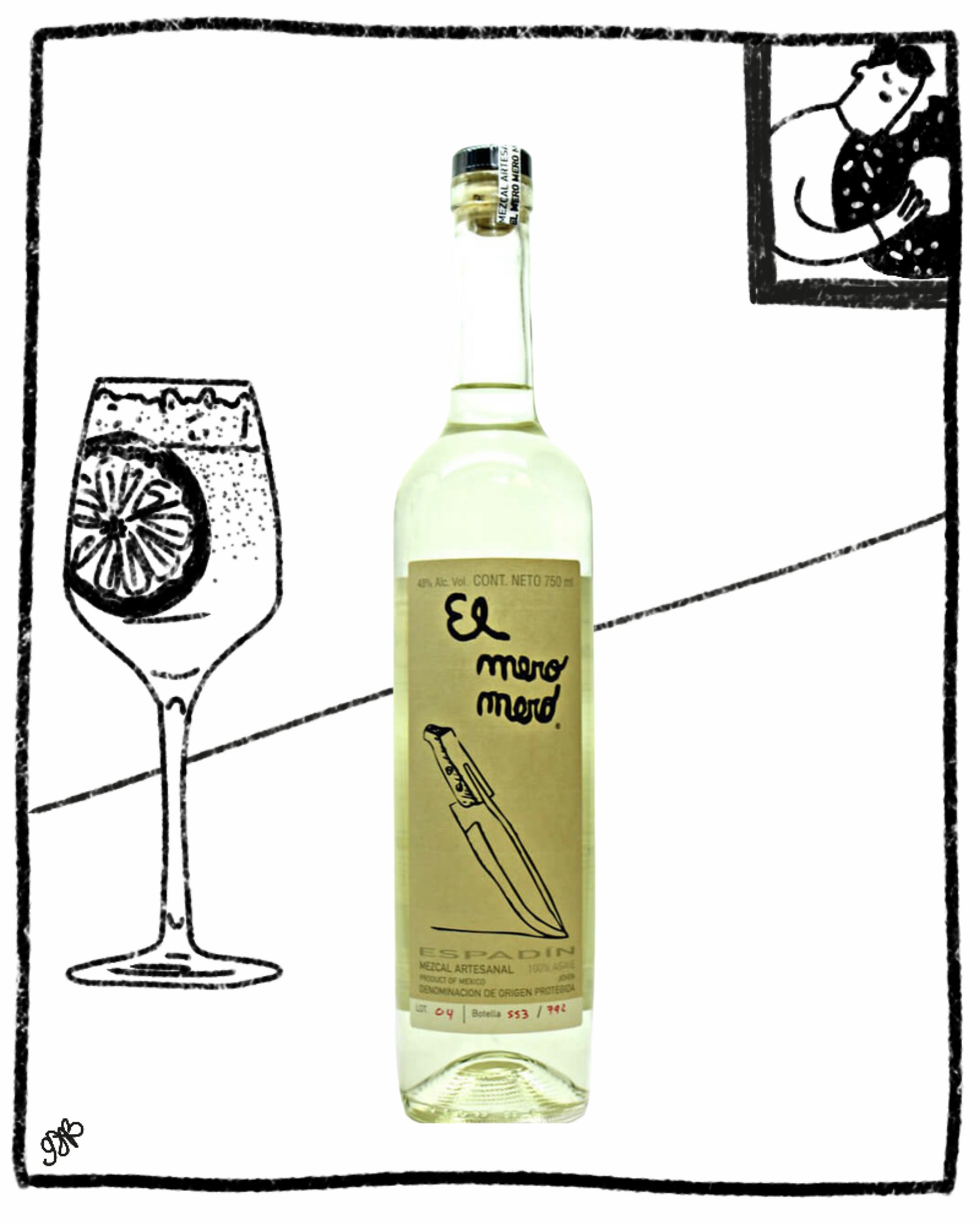 Bottle of 'El Muro Med' with a glass illustration on a white background