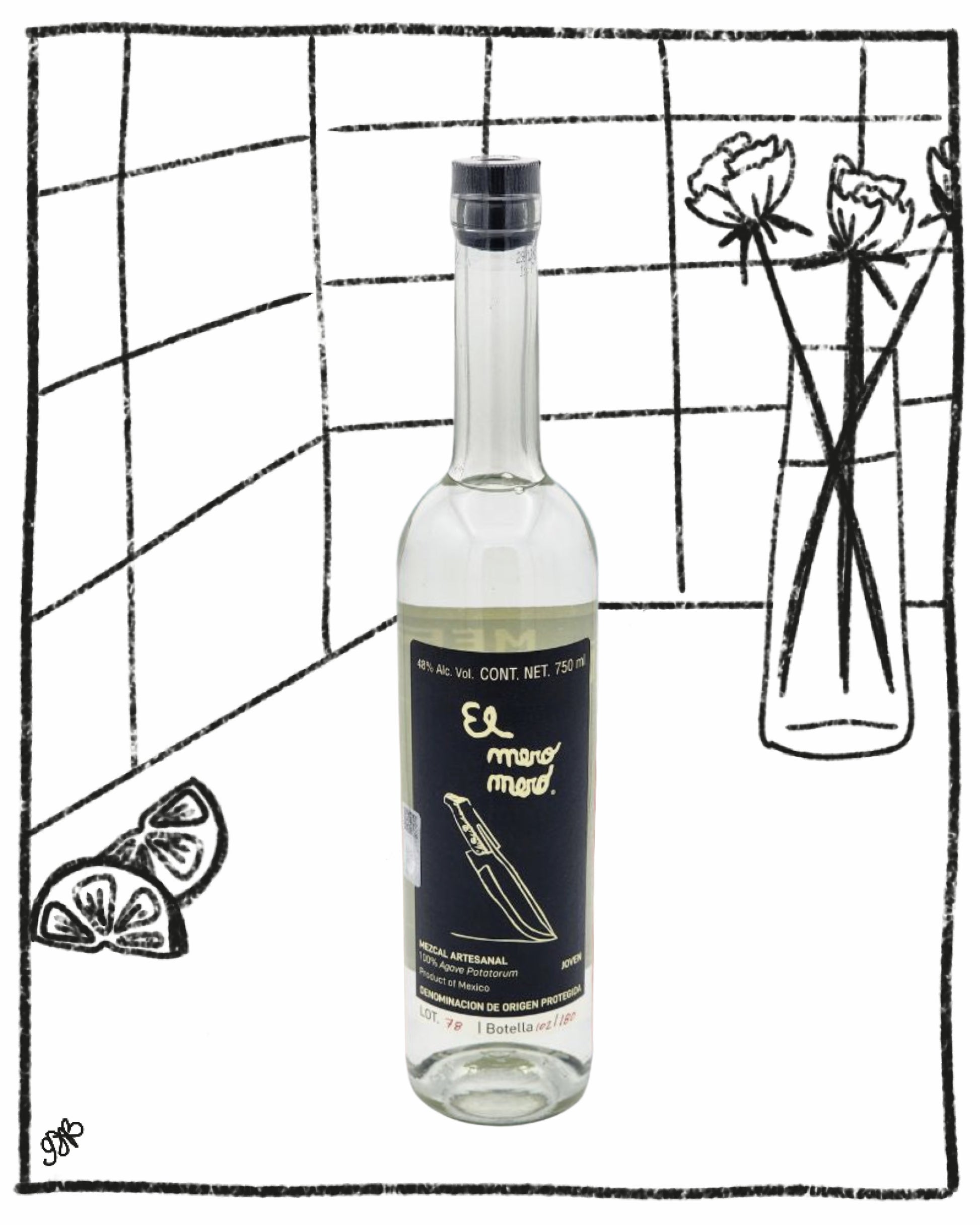 Bottle of El Mero Mero mezcal with a black label on a black and white background