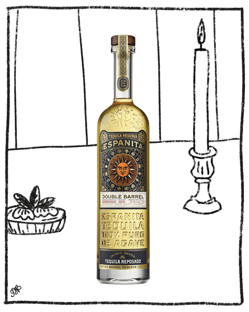 Bottle of Espanita tequila with a candle and plant in the background