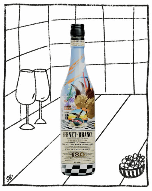 Fernet-Branca bottle with decorative label on a black and white grid background