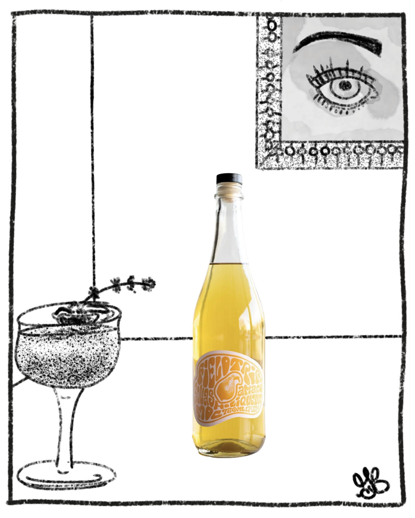 Bottle of yellow liquid with a cocktail glass and decorative elements on a black and white background