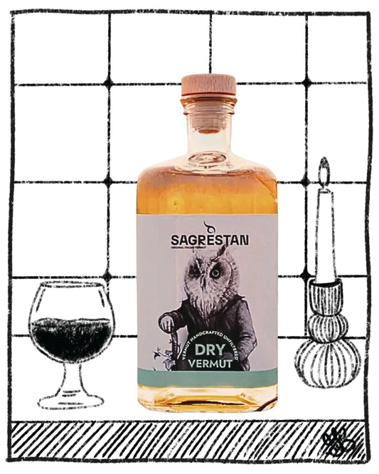 Bottle of Sagrestan Dry Vermut with illustrations of a glass, owl, and bottle on a grid background
