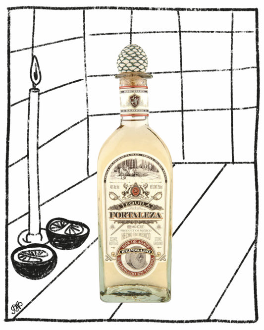 Bottle of Fortaleza rum with a candle and oranges on a grid background