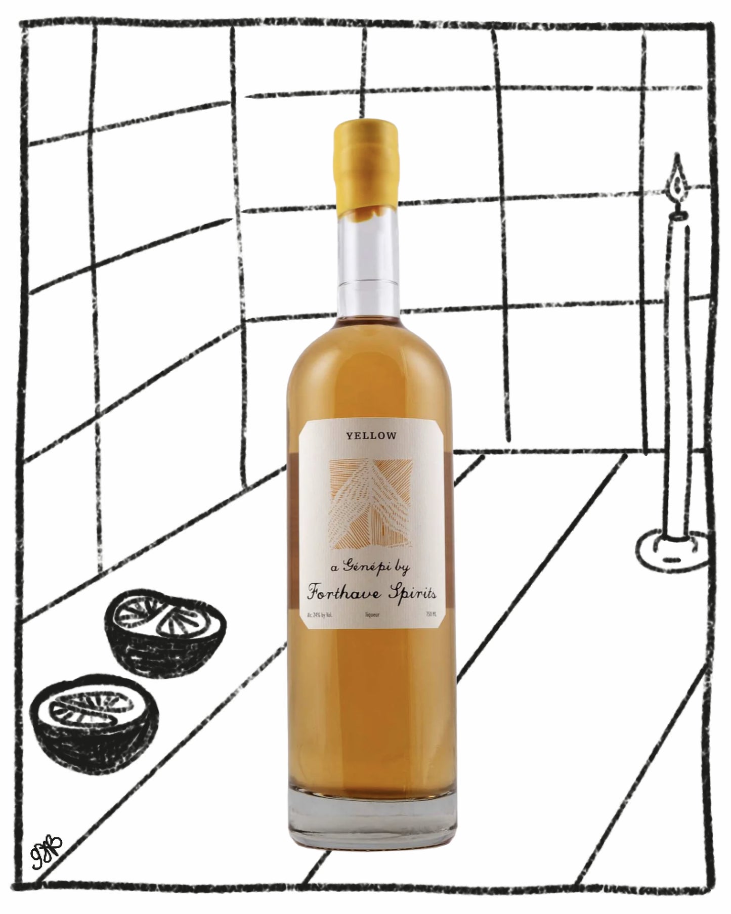 Bottle of Yellow Liqueur by Forthave Spirits on a black and white grid background
