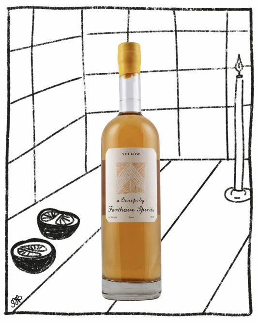 Bottle of Yellow Liqueur by Forthave Spirits on a black and white grid background