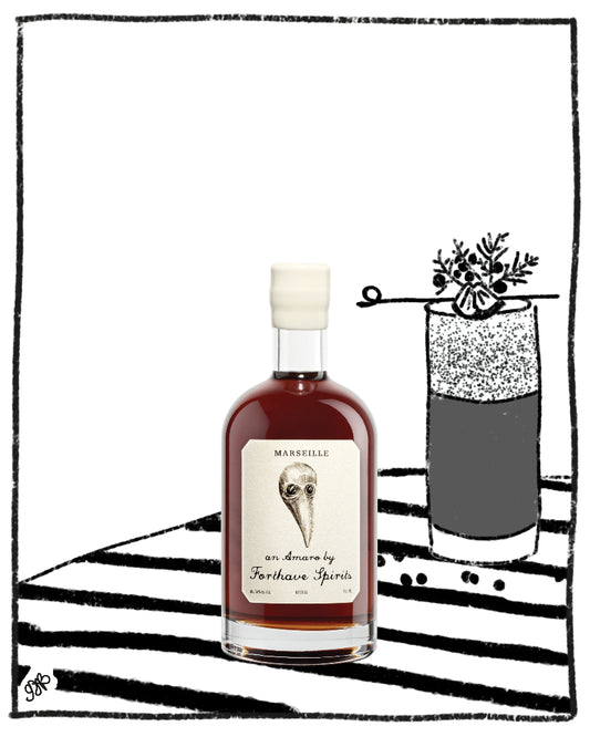 A bottle of Marseille Fournas 'Fearhouse' spirit with a cream-colored label and white cap, displayed next to a stylized cocktail illustration on a black-and-white striped background.