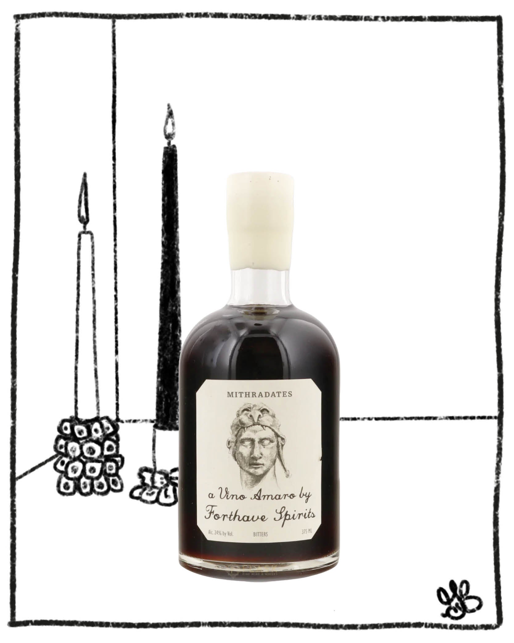Bottle of Mithradates Vino Amaro by Forthave Spirits with decorative elements on a white background