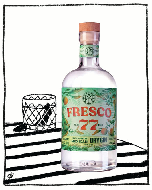 Fresco 177 Mexican Dry Gin bottle on a black and white striped surface with a glass.