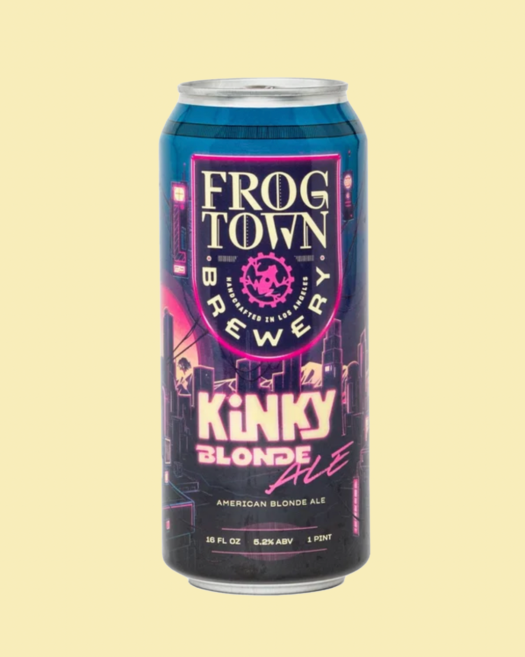 A 16 fl oz can of Frog Town Brewery Kinky Blonde American Blonde Ale, featuring a dark blue and purple label with pink and white text, set against a solid pale yellow background.
