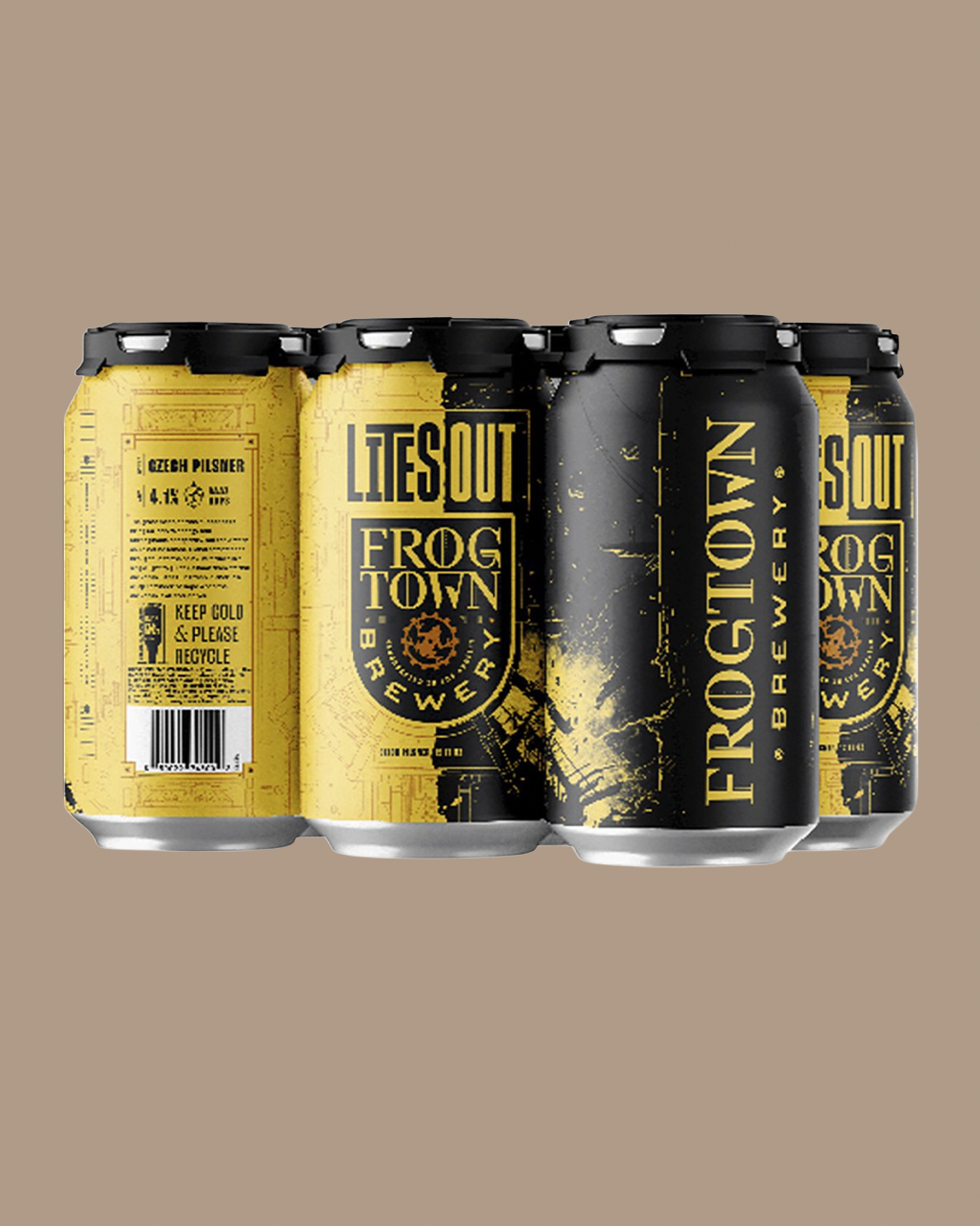 Four aluminum craft beer cans from Frog Town Brewery arranged in a row against a solid taupe background. The cans are primarily black and yellow, showcasing both the front label and the back panel with product details.