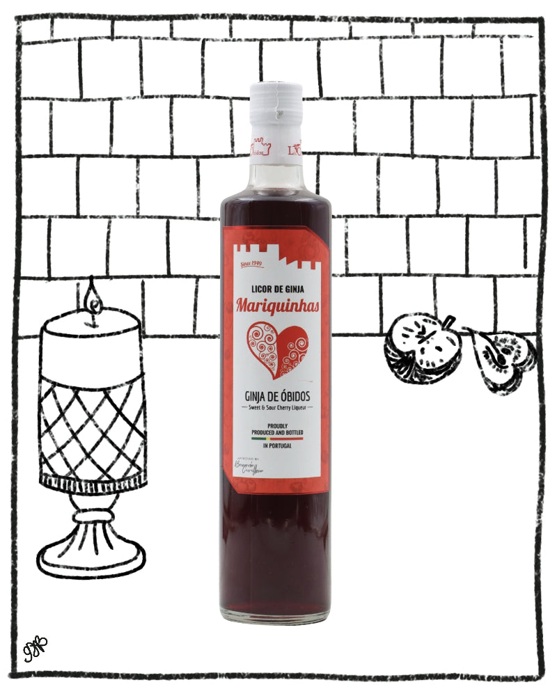A bottle of Mariquinhai liqueur de gina (gin) with a red and white label, set against a white background with a black hand-drawn brick wall, candle, and pumpkin illustration.
