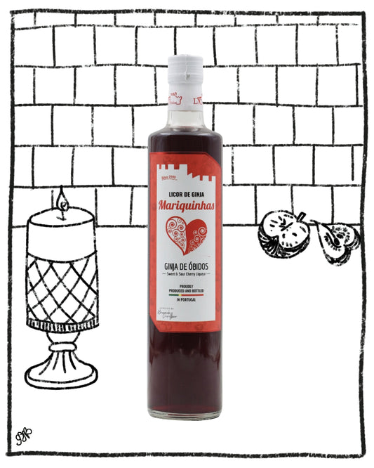 A bottle of Mariquinhai liqueur de gina (gin) with a red and white label, set against a white background with a black hand-drawn brick wall, candle, and pumpkin illustration.