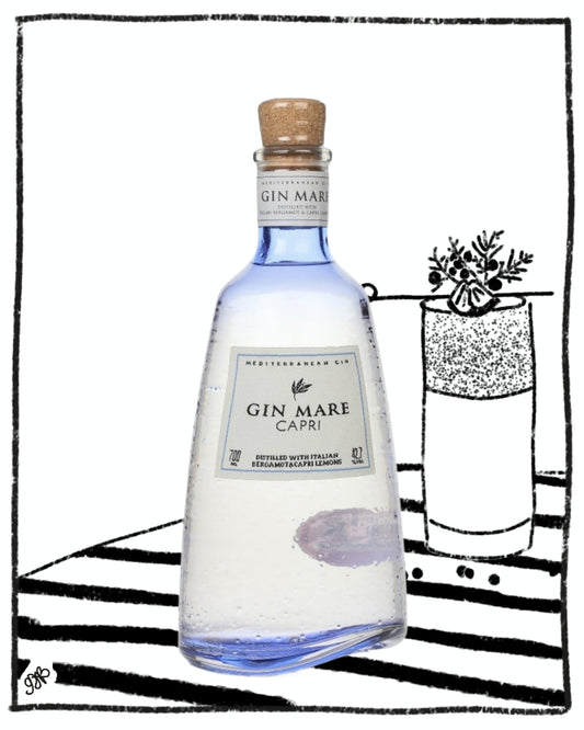 Gin Mare Capri bottle with a cork on a black and white striped background