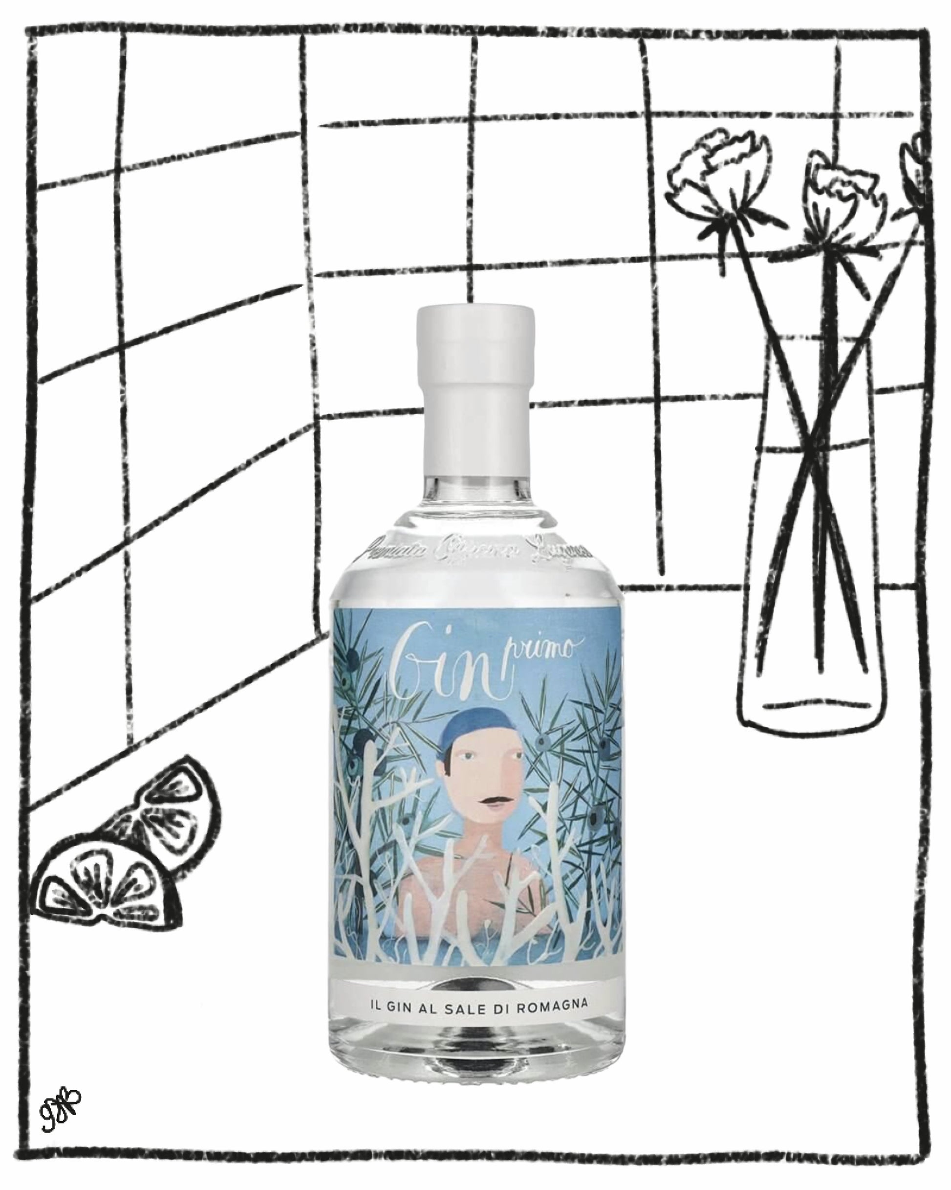 Gin bottle with decorative label on a white background