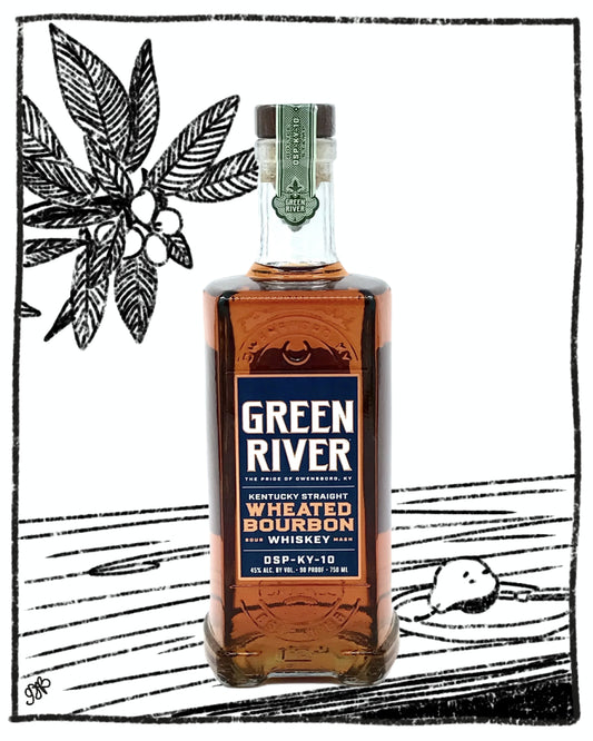 Green River wheated bourbon whiskey bottle with decorative elements on a white background
