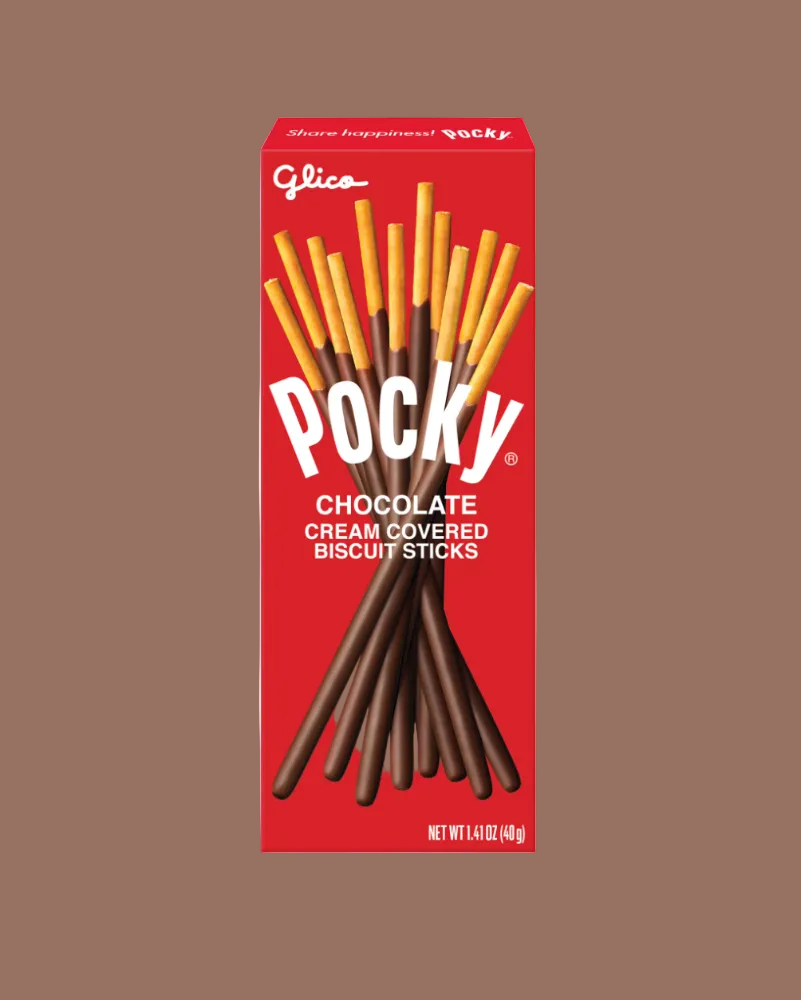 A red box of Glico Pocky Chocolate Cream Covered Biscuit Sticks, featuring illustrations of the chocolate-covered biscuit sticks on a white background.