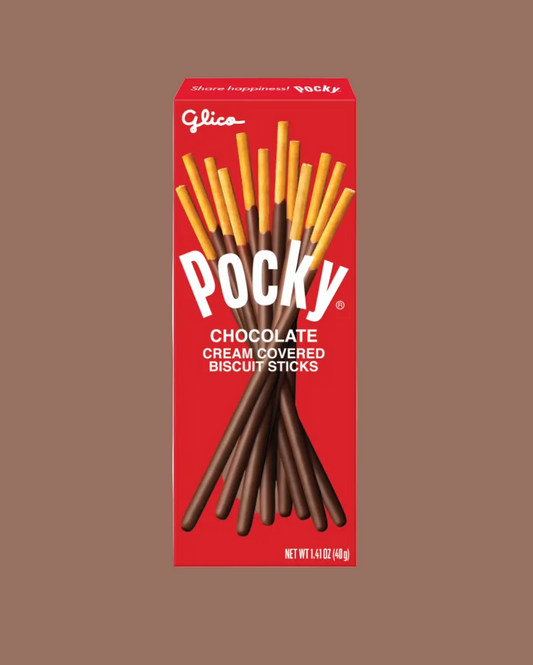 A red box of Glico Pocky Chocolate Cream Covered Biscuit Sticks, featuring illustrations of the chocolate-covered biscuit sticks on a white background.
