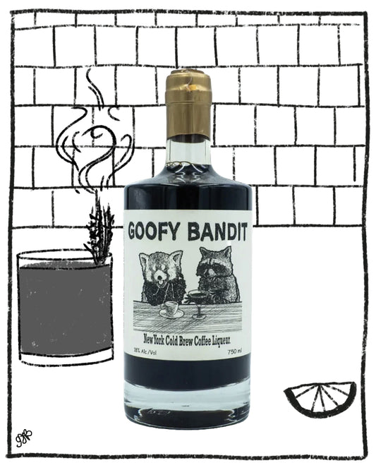 A bottle of Goofy Bandit New York Cold Brew Coffee Liqueur centered against a hand-drawn black-and-white brick wall background, with simple line-art illustrations of a drink, steam, and a coffee slice around it.