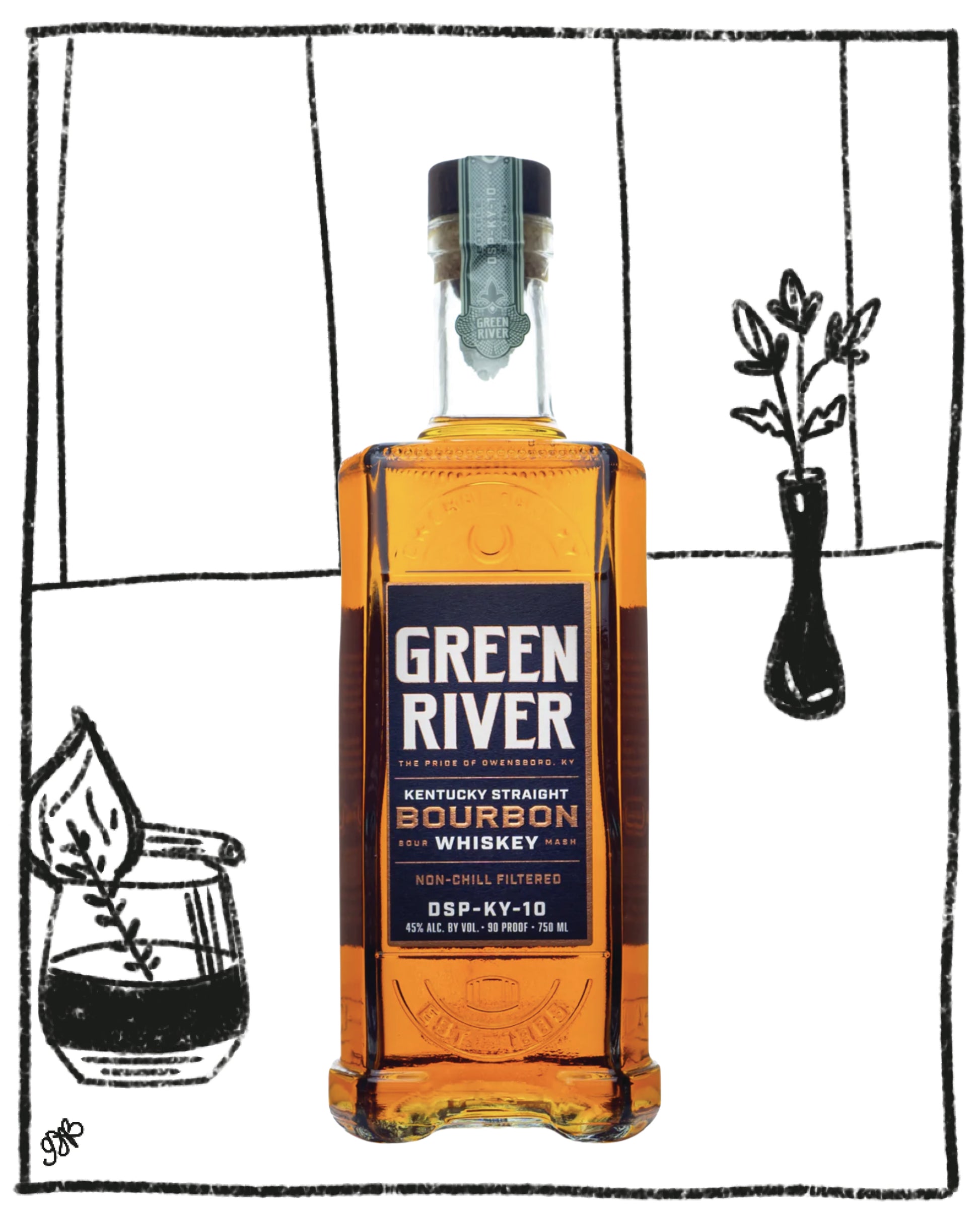 Green River whiskey bottle with a black and white illustration of a cocktail and vase in the background
