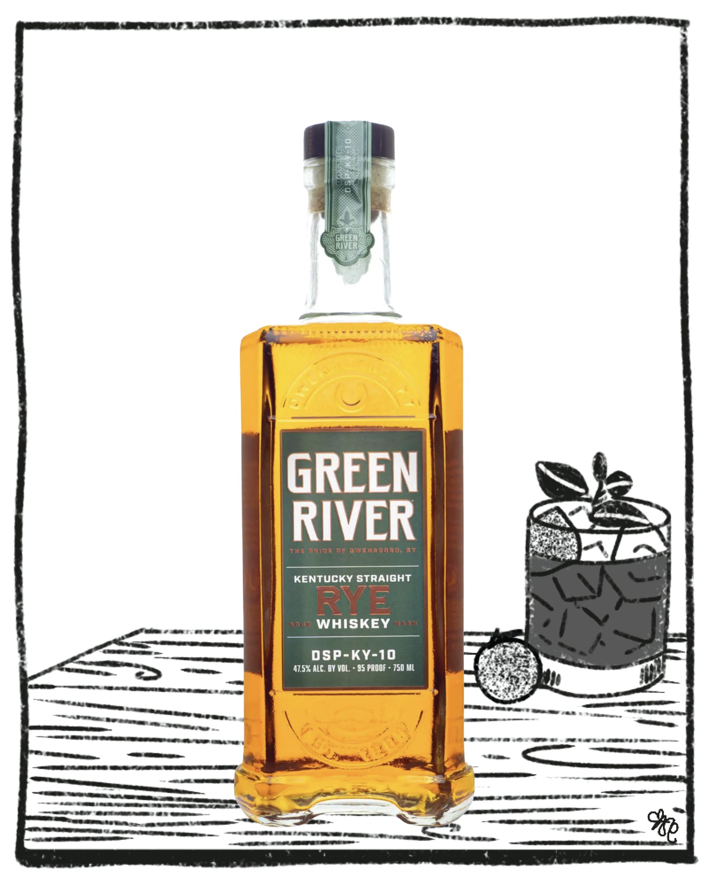 Green River Rye Whiskey bottle with a glass of whiskey and ice on a wooden surface.