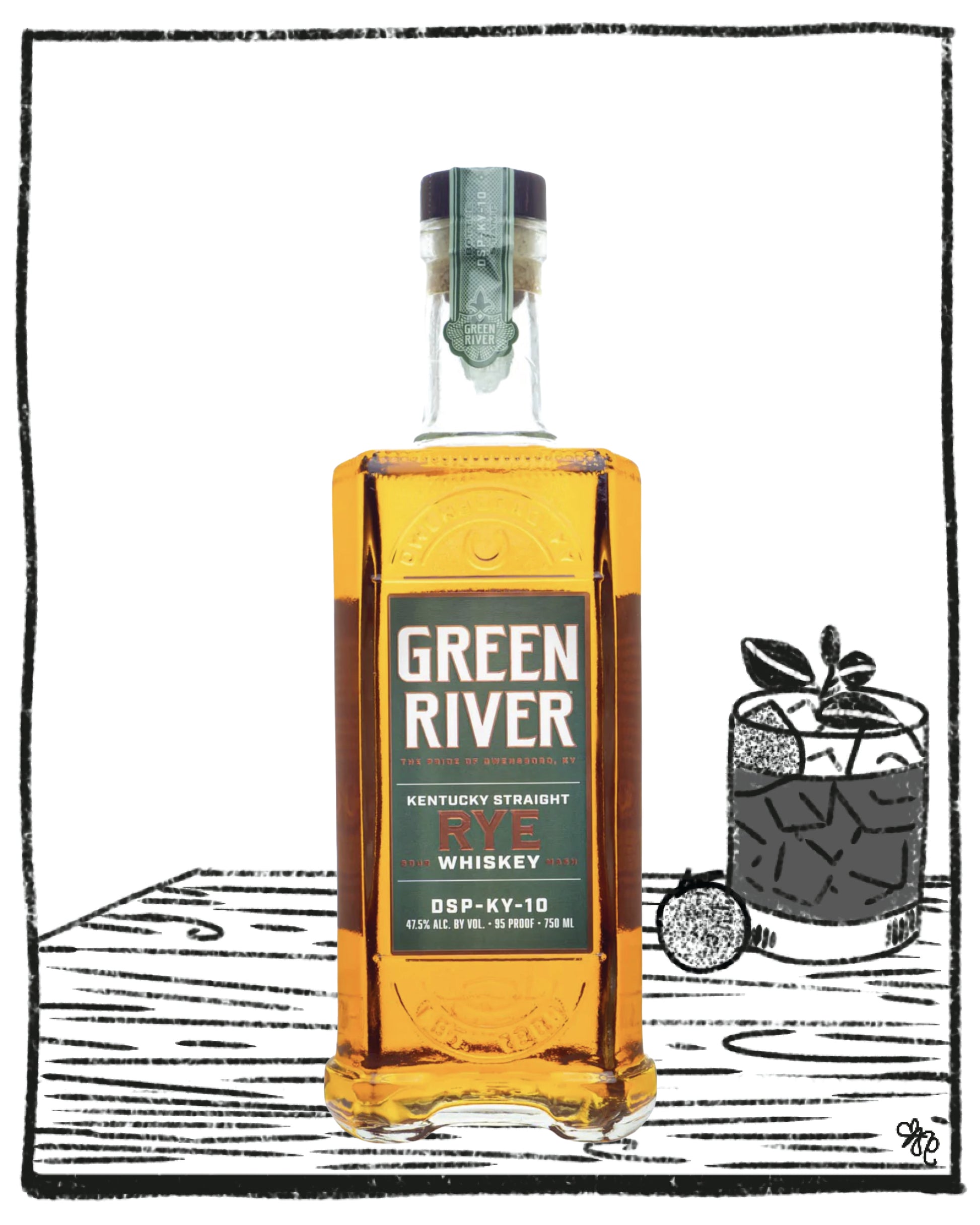 Green River Rye Whiskey bottle with a glass of whiskey and ice on a wooden surface.