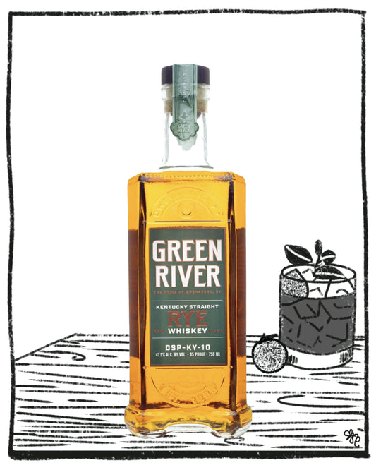 Green River Rye Whiskey bottle with a glass of whiskey and ice on a wooden surface.