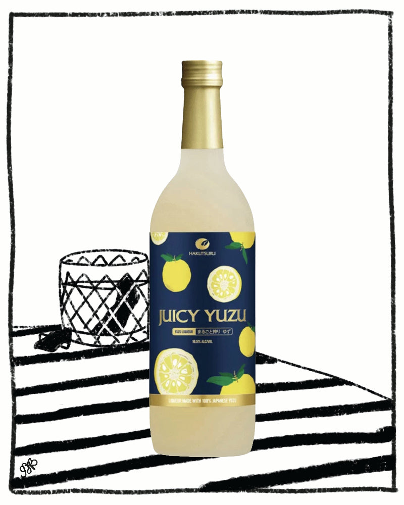 Bottle of Juicy Yuzu on a black and white striped background